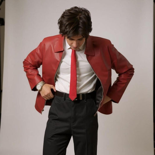 Men's Classic Red Faux Leather Zip Jacket - Premium Minimal Streetwear
