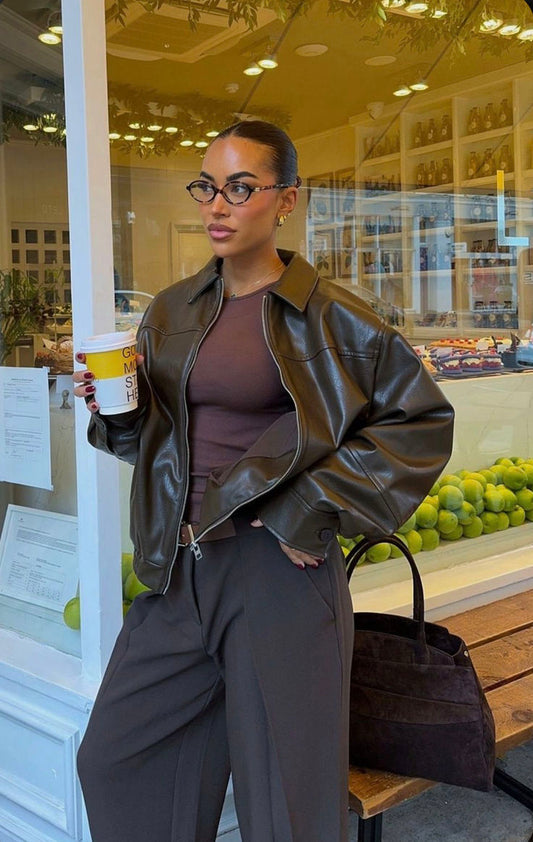 Oversized Espresso Faux Leather Jacket - Women's Premium Street Style Layer