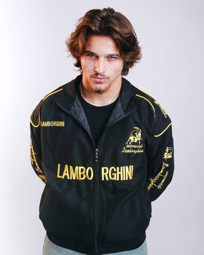 Lamborghini Motorsport Black Windbreaker Jacket - Premium Embroidered Logo Edition