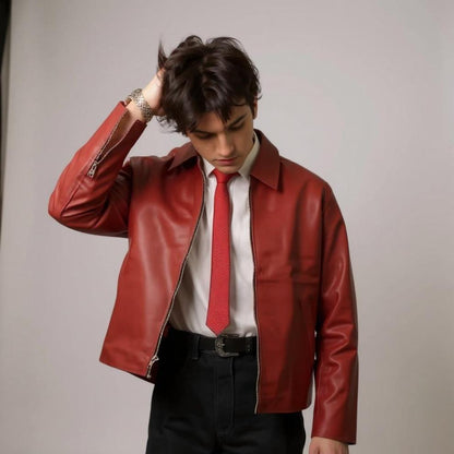 Men's Classic Red Faux Leather Zip Jacket - Premium Minimal Streetwear