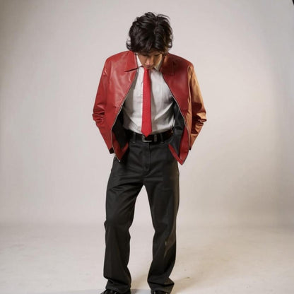 Men's Classic Red Faux Leather Zip Jacket - Premium Minimal Streetwear