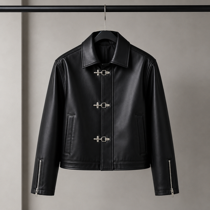 Black Cropped Metal Clasp Leather Jacket