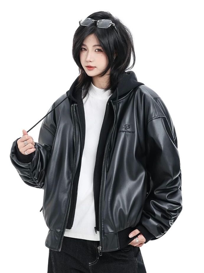 Unisex Vegan Leather Hooded Jacket – Premium Heavy Cotton Fleece Hood  Oversized Streetwear Leather Hoodie Jacket for Men & Women